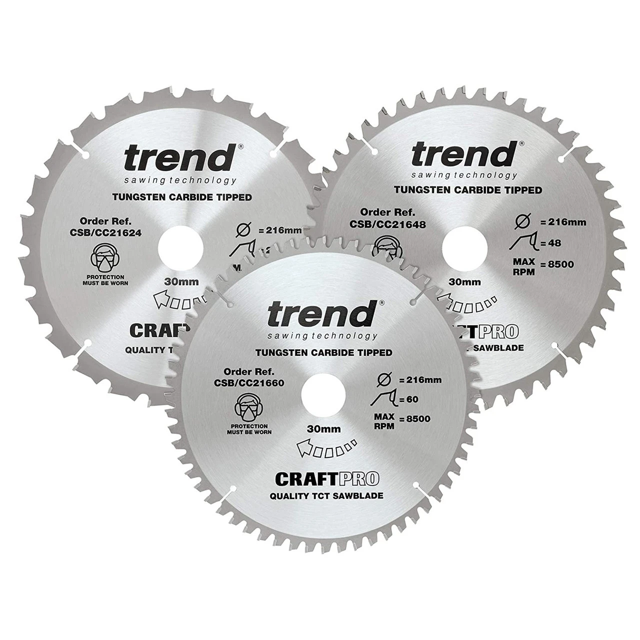 Trend CSB/CC216/3PK CraftPro Saw Blades 216mm X 30mm X 24T+48T+60T (Pack Of 3) 3 Trend CSB/CC216/3PK CraftPro Saw Blades 216mm X 30mm X 24T+48T+60T (Pack Of 3)