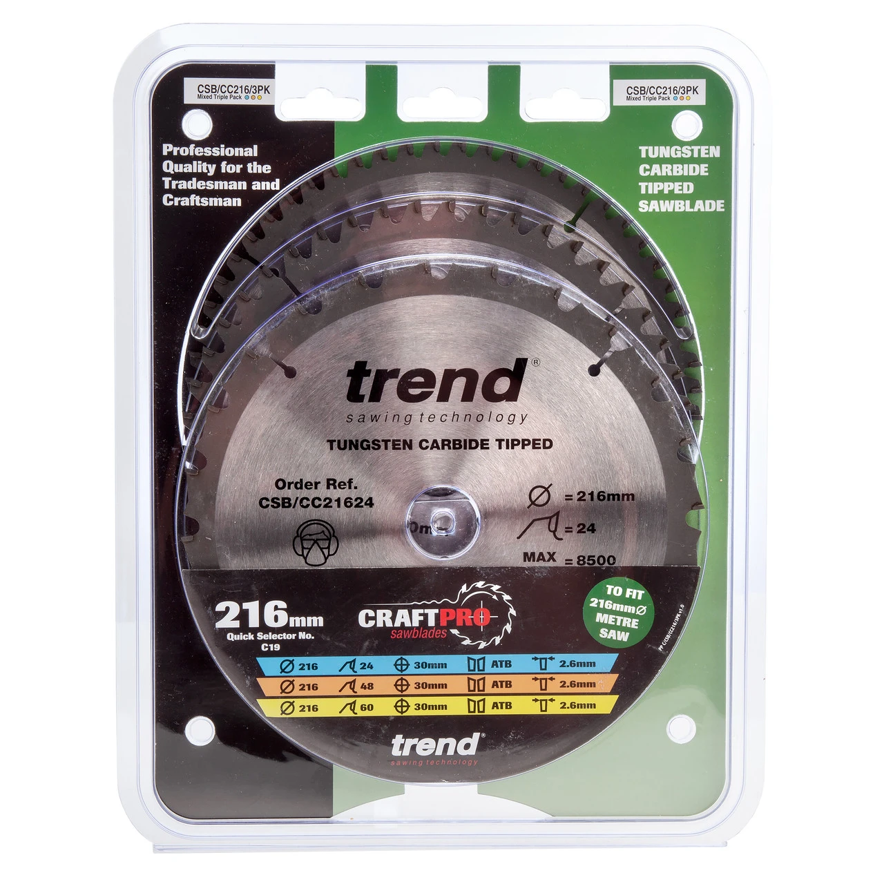 Trend CSB/CC216/3PK CraftPro Saw Blades 216mm X 30mm X 24T+48T+60T (Pack Of 3) 4 Trend CSB/CC216/3PK CraftPro Saw Blades 216mm X 30mm X 24T+48T+60T (Pack Of 3) - Image 2
